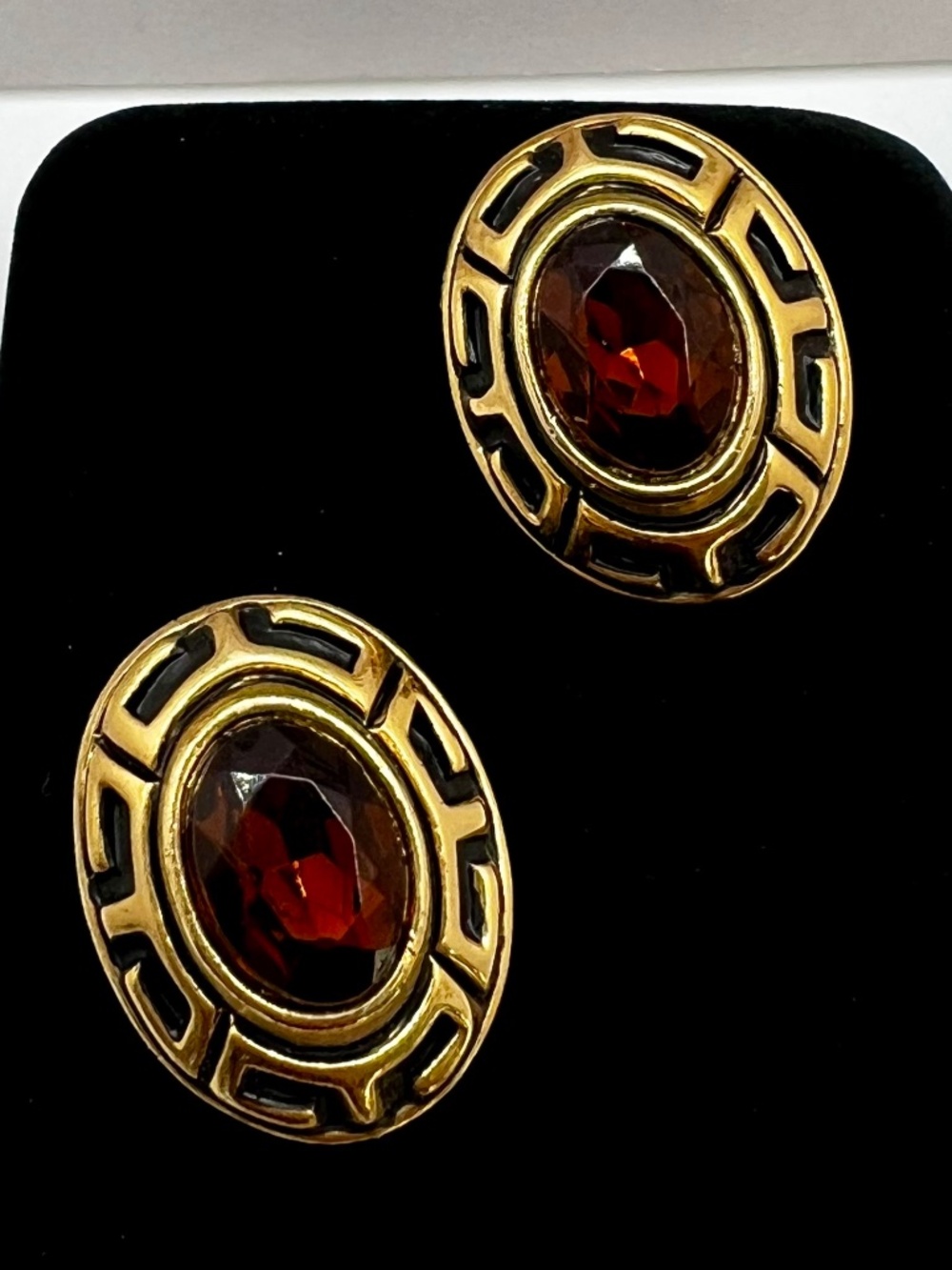Amber Cabochon Greek Key CLIP Earrings